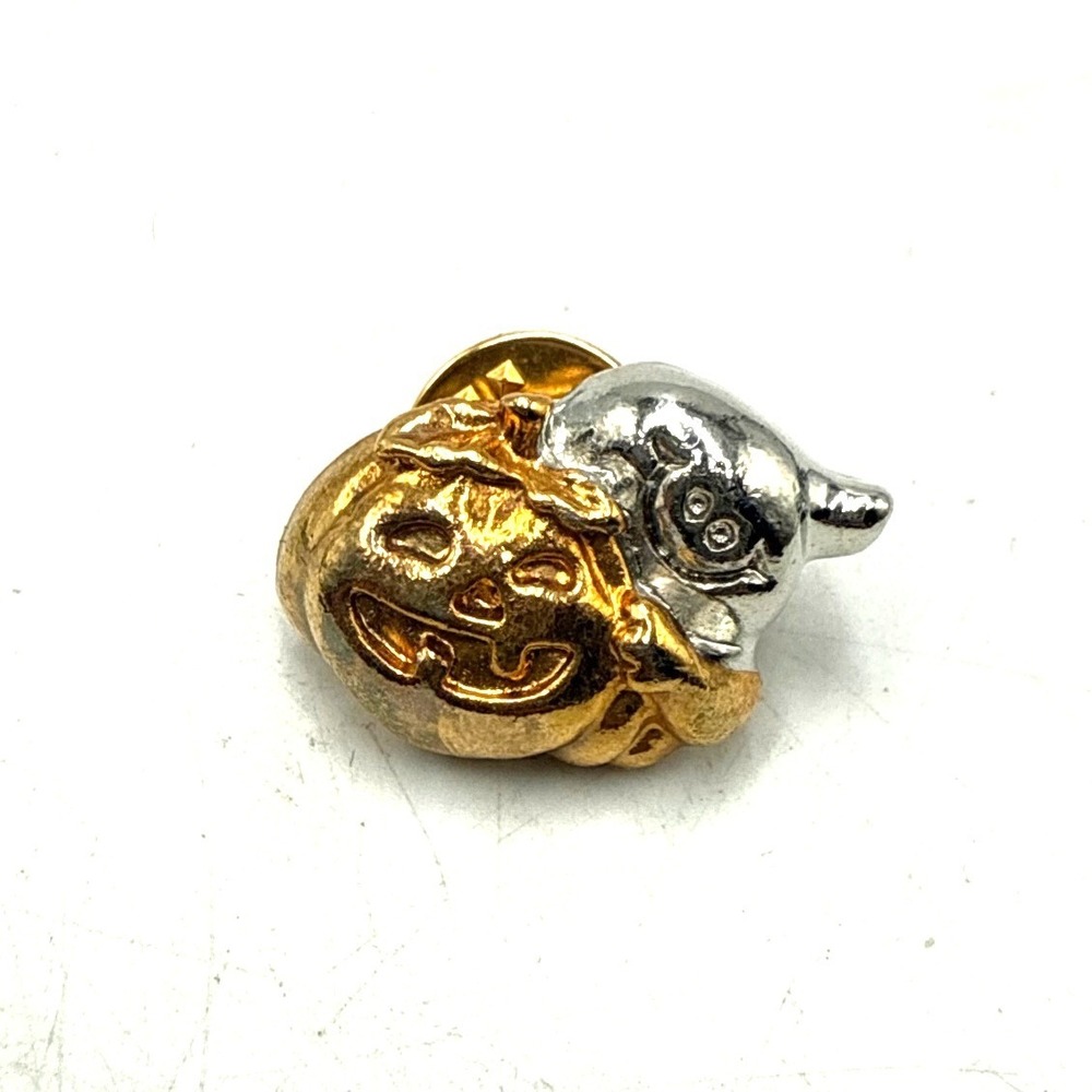 Vintage Halloween Ghost and Pumpkin Pin Two Tone Gold Silver Lapel Pin